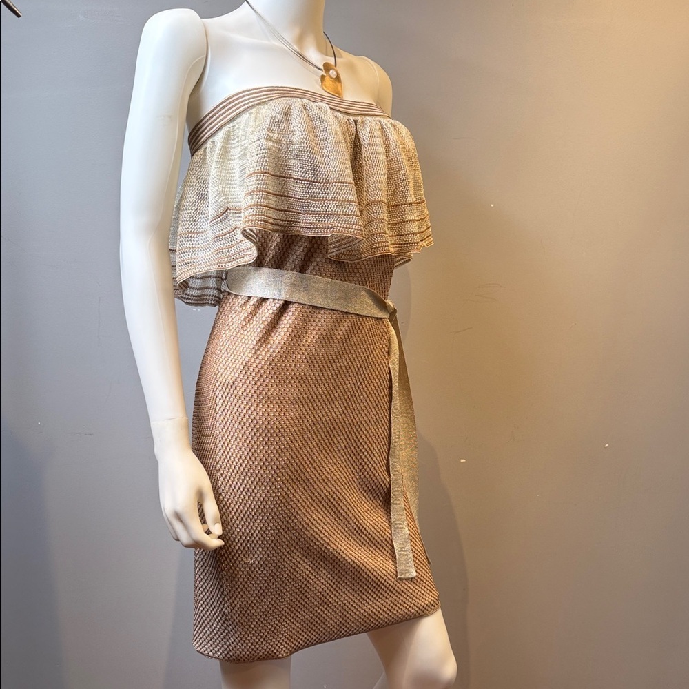 Missoni Gold Metallic Strapless Ruffle Dress – Belted Italian Designer Size 2–4